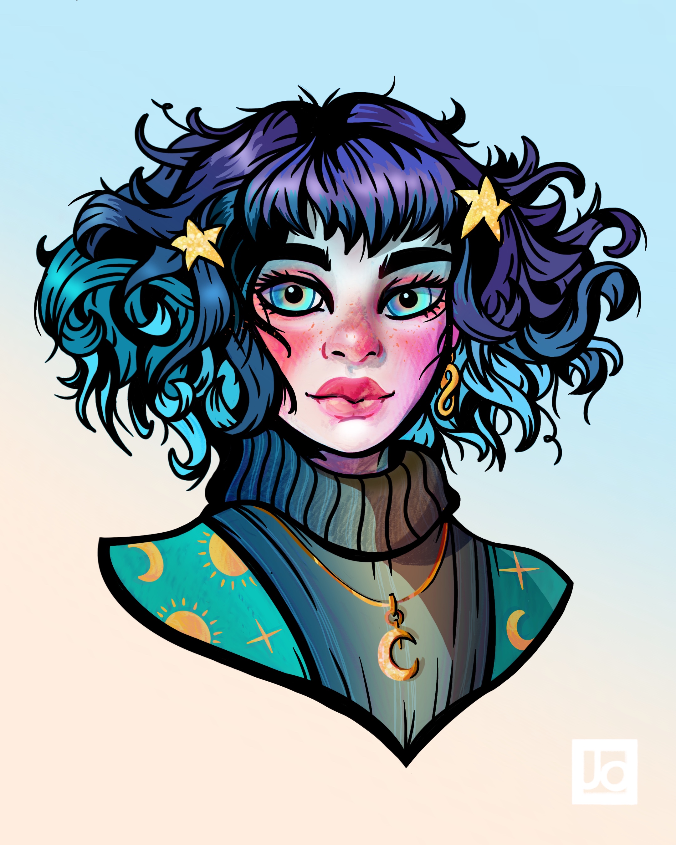 Illustration of a character with curly blue hair, star hair clips, and a celestial collar