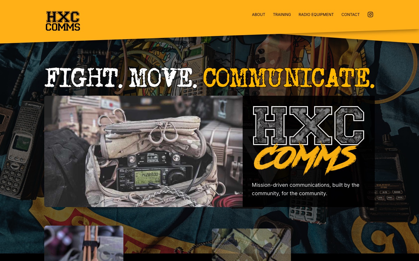 The HXC Comms homepage — 'Fight. Move. Communicate.'